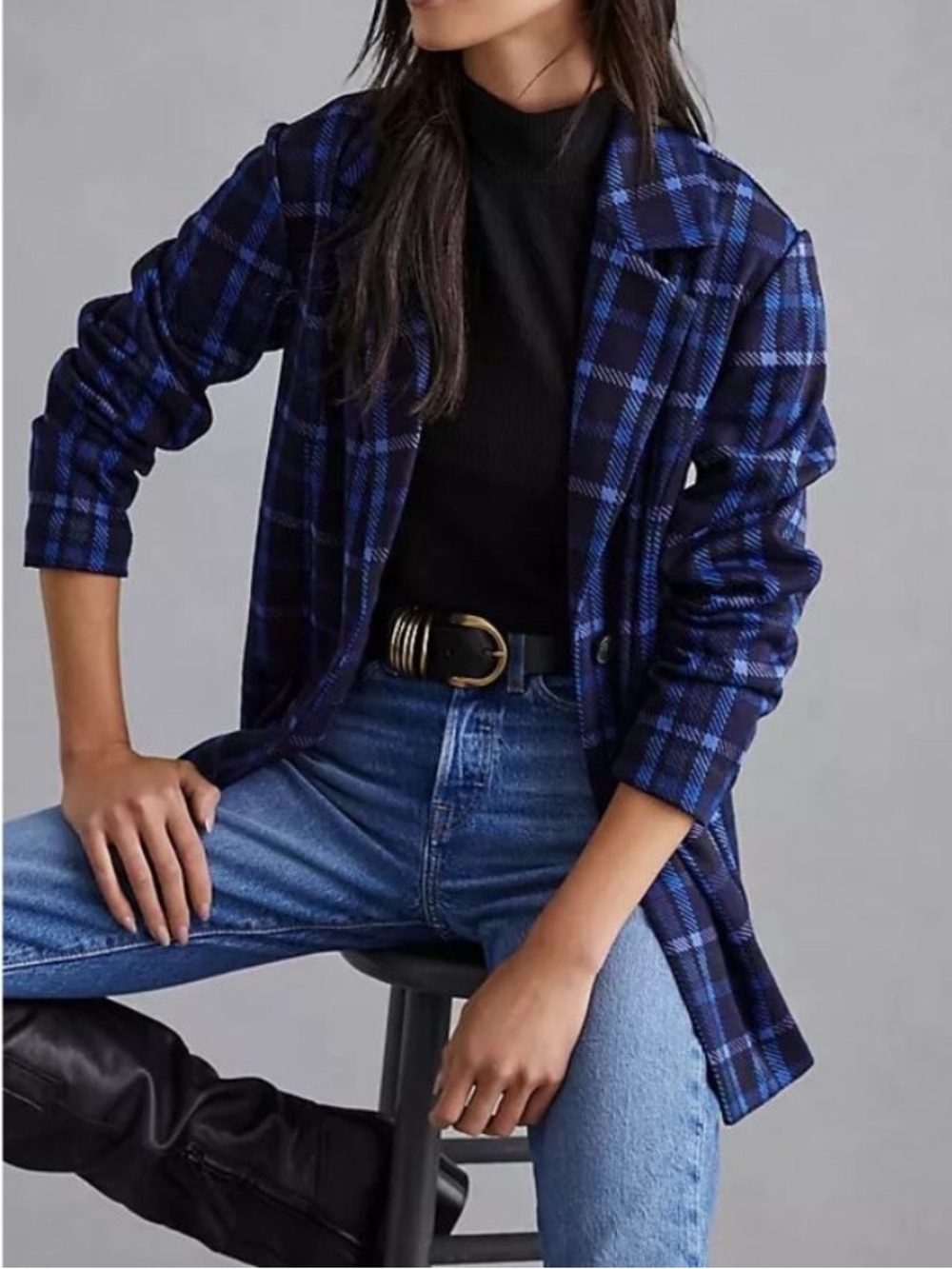 Anthropologie AVEC LES FILLES Longline Plaid Blazer Jacket Blue Size Large L